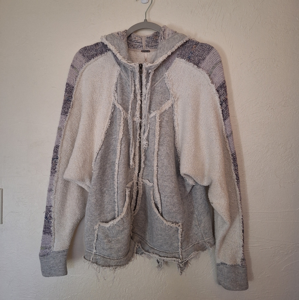 Free People Cotton Tattered Slouchy Full Zip Terrycloth Boho Hoodie Women's Xs